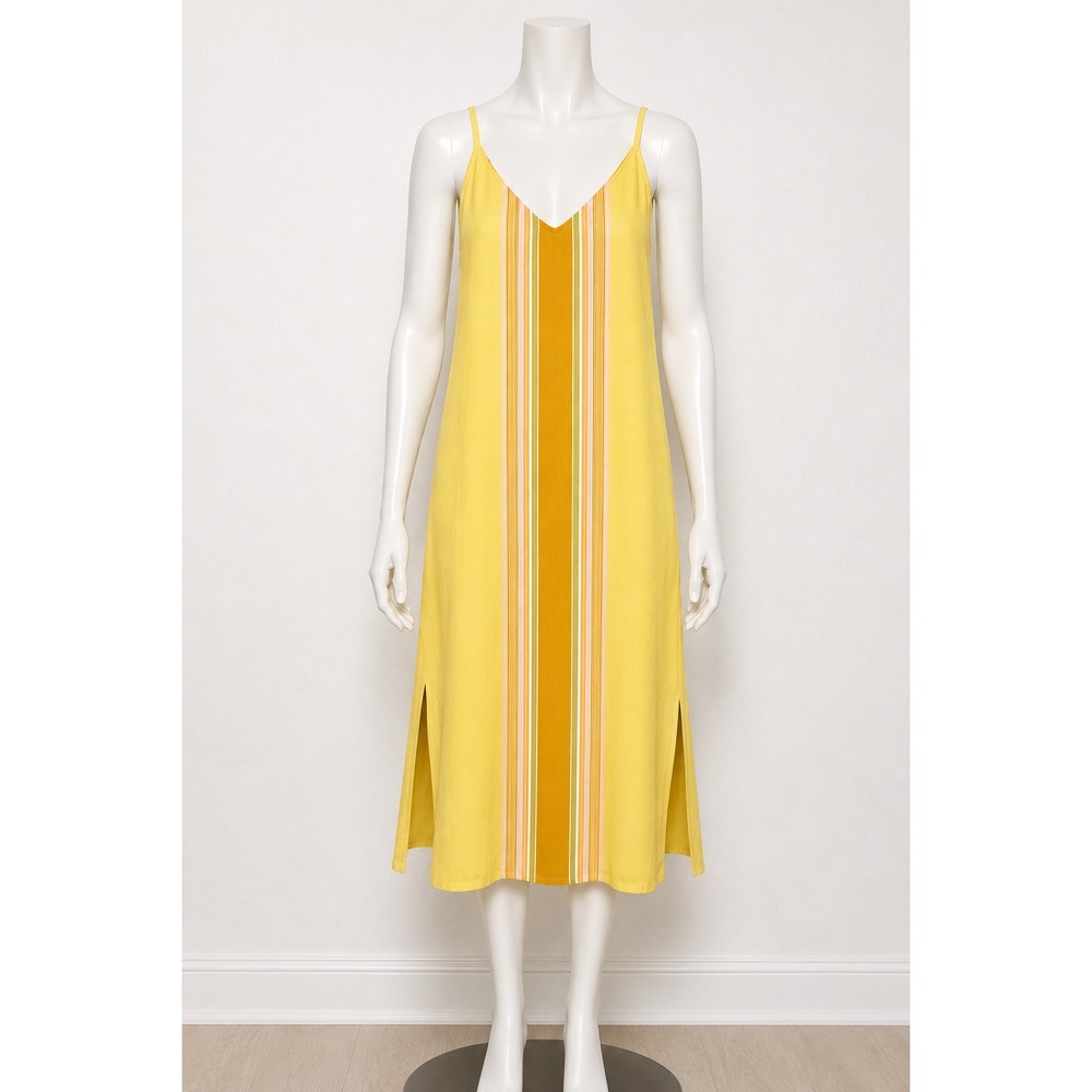 O'Neill Womens Yellow Striped V-Neck Midi Dress Side Slit Summer Beach Size‎ M